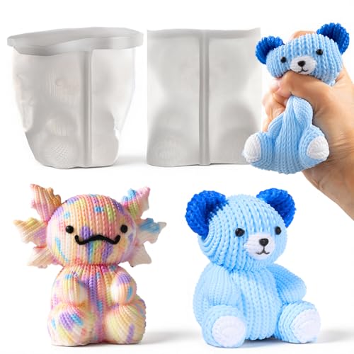 LETS RESIN Bear and Axolotl Molds for Taba Squishy Cute Crochet-Texture Animal Silicone Molds Thick and Flexible Mould for Creating Unique Squishies Ideal Gifts for Your Family