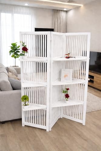 Image of Wooden Partition Divider for Living Room, Partition Wall, Privacy Divider, Freestanding Folding Panels for (6 Feet 3 Panel with 3 Shelve) (6 Feet 3 Panel White with Shelves)