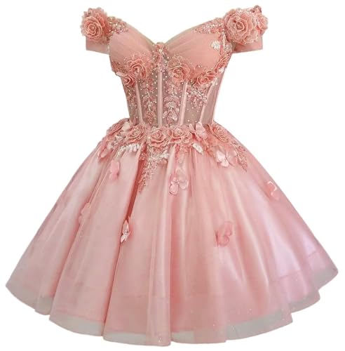 Sparkly Off Shoulder Tulle Homecoming Dresses for Teens 3D Flowers Short DAMA Dresses for Quinceanera