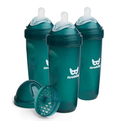 Image of Herobility Anti-Colic Baby Bottles 12 fl oz/340ml - Pack of 3 Plastic Baby Bottles, Fast Flow Plastic Bottles, Breast-Shaped Teat for Breastfed Babies, Small Baby Bottles, Swedish Design, Dark Green