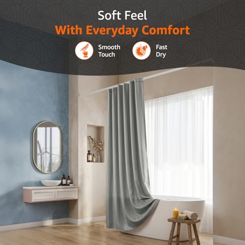 Image of Amazon Basics Shower Curtain 5 Feet | Waterproof Bathroom Curtain | PVC-Free, No Plastic Smell | Machine Washable Fabric | Grey | 6ft Wide | 12 Hooks -180 CM X 150 CM