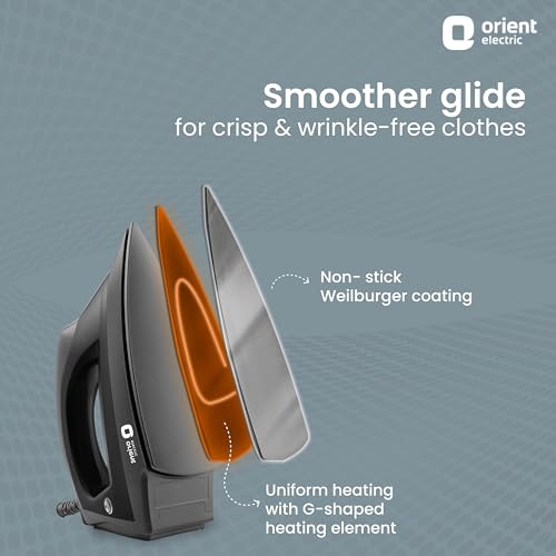 Image of Orient Electric Fabriglide 1000W Electric Dry Iron for Clothes with German Weilburger Soleplate | Multi-Fabric Temperature Control | Uniform Heating | 2-Year Warranty by Orient| Black & Grey