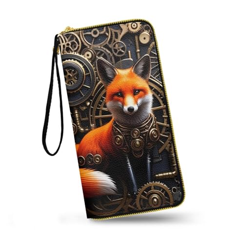 Jolamirel Fox Print Women's Leather Zip Around Wallet Retro Victorian Steam Punk Slim Clutch Purse, Steampunk Mechanical Animal Printed Large Capacity Credit Card Holder