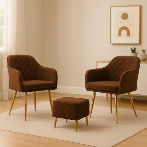 Image of Barfi Velvet Dining Chair | Set of 2 Premium Modern Upholstered Accent Chair with Armrest, Padded Seat and Metal Legs | Comfy Chair for Home, Office & Restaurents | (Dark Brown with Puffy)