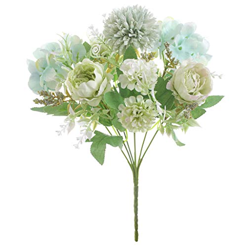 CXUKUN Künstliche Blumensträuße, Pfingstrosen, Seide, Hortensien, Nelken, Blumenstrauß, Dekoration, realistische Pfingstrosen, Blumenarrangements, Hochzeitsdekoration, Tischdekoration, grün + weiß Cover