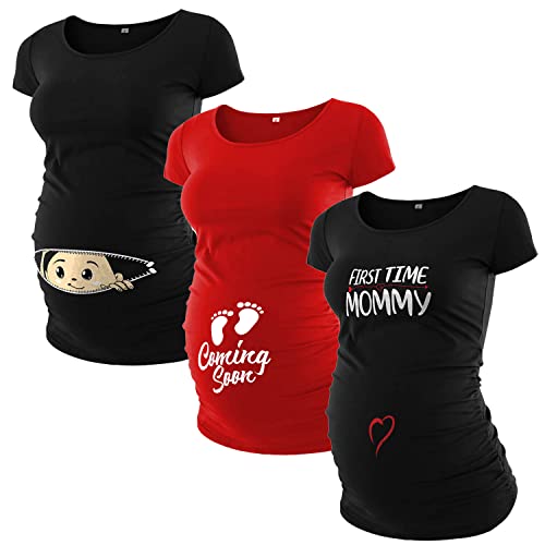 Image of Pack of 3 Maternity Shirts for Women - Cute Funny Graphic Pregnancy Gifts for First Time Moms Ruched Sides Tops