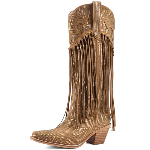 JilTrdWei Rhinestone Fringe Cowgirl Boots for Women, Knee High Western Boots with Embroidery, Pointed Toe Chunky Heel Pull On, Concert Festival Statement Boots-brown-8.5
