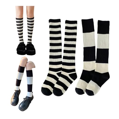 Striped Knee High Socks for Women Teen Girls Black And White Cotton Long Tube Sock Stripes