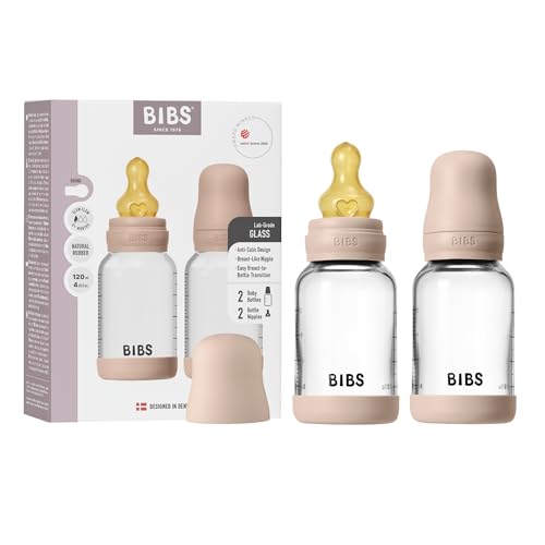 Image of BIBS Glass Baby Bottle, 120 ml, 2-Pack, Natural Rubber Nipple, Blush