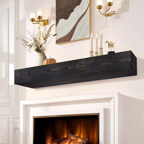 LXWZHK Fireplace Mantel Shelf, 60' Wooden Floating Shelf for Over Fireplace, Wall-Mounted Mantel Shelves, Decorative Mantels, Rustic Floating Mantels Shelves, Black