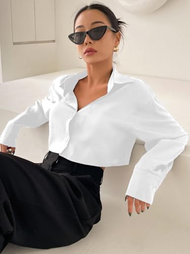 Image of Aahwan Women Polyester Regular Fit White Solid Button Up Drop Shoulder Casual Crop Long Sleeve Shirt