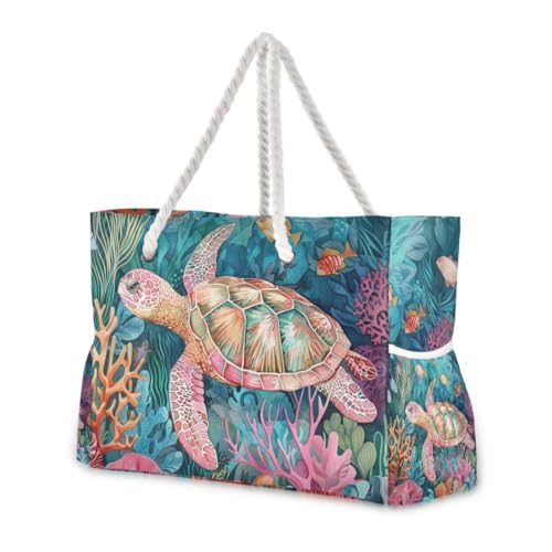 Image of Beach Tote Bags for Women, Turtle Flower Starfish Large Beach Shoulder Bag Pool Bags Purse