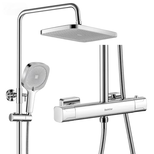 DelnVior Duschsystem mit Thermostat Edelstahl Regendusche 13' Quadratische Regenbrause Handbrause 3 Strahlarten Duscharmatur Komplettset Höhenverstellbar mit Anti-Verbrühungsschutz Wassersparend
