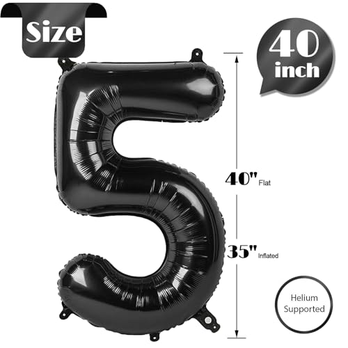 Image of Black Number 5 Balloon 40 Inch, 5th Birthday Party Decorations, Giant 5 Foil Balloon for Party Supplies