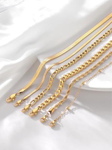 Image of FOCALOOK 14K Gold Plated Anklets for Women Waterproof Plus Size Ankle Bracelet 8.5-10.5 Inch Adjustable Mariner /Figaro /Flat Snake /Cuban Link Chain Anklet Jewelry for Summer Beach Holiday