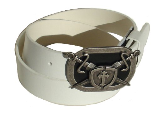 BeltsandStuds Man Women Snap on belt with Sward Cross Shield buckle M 34 White