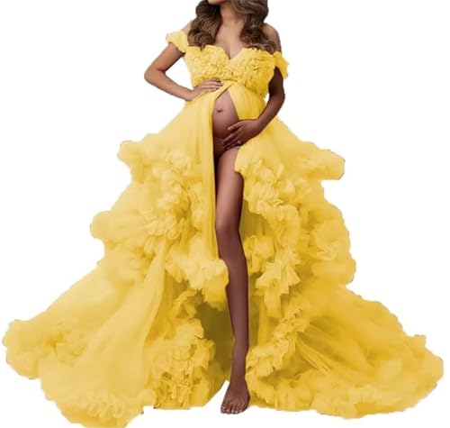 AHERKLL Vestido de maternidad de tul hinchado para sesión de fotos, lencería larga transparente, baby shower, embarazo, fotografía, vestido ZM002, amarillo, 52 Más