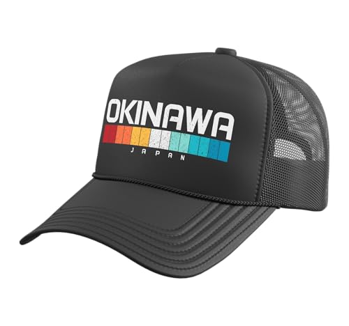 Okinawa Japan Vintage Retro Japanese Souvenir Trucker Hat with Adjustable Mesh Back, Black