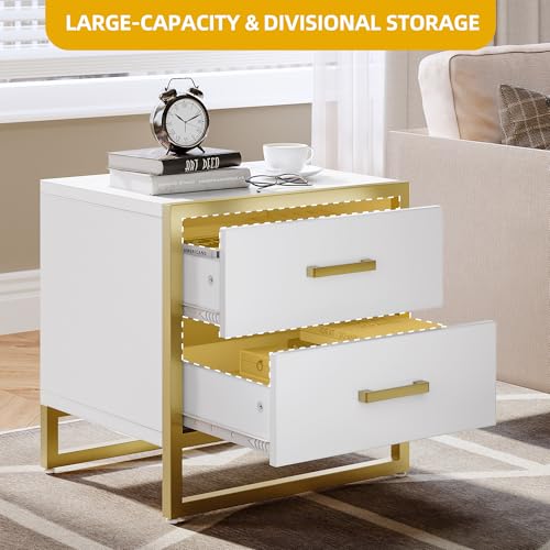 DWVO Night Stand, White and Gold Nightstand Bed Side Table with Drawers, Small Wood Nightstand Sofa Side Table Modern End Tables Bedroom, White