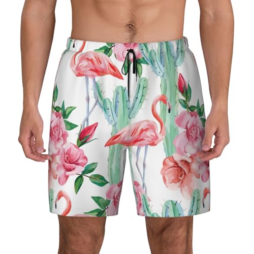 Men's Cactus Flamingo Rose Flowers Print Quick-Dry Mesh Swim Trunks Stretch Lining Beach Shorts Surfing Summer Vacations2