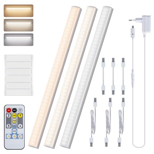 Luz LED Armario 3 Piezas 30 CM Empalmable Luz LED Cocina Bajo Mueblecon Sensor sin Contacto Frio Regulable Luz de Armario con Enchufe para Cocina Armario Estudio Estantes