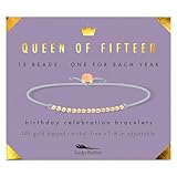Lucky Feather Quinceanera Gifts for 15 Year Old Girls; 15th Birthday Bracelet with 15 14K Gold Dipped Beads Marking Each Year on Adjustable Cord