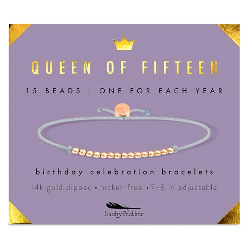Product Image of the Lucky Feather 15 year old girl gifts | Milestone 15th birthday Bracelet 14K Gold, Rose Gold, or Silver Dipped Beads | Trendy gifts for 15 year old girl | quinceañera 15th birthday gifts for teen girls
