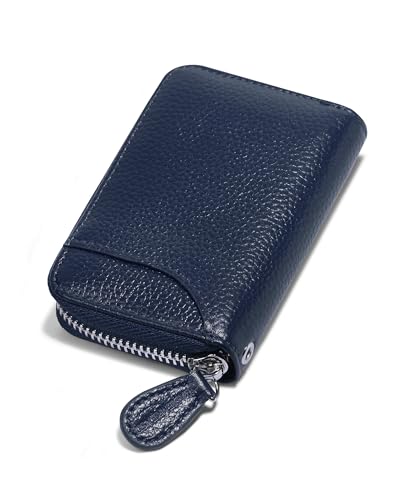 GADIEMKENSD Womens Credit Card Holder Wallet Zip Leather Card Case RFID Blocking Ladies Small Blocked Accordion Wallets with Stainless Steel Zipper Woman Compact Accordian ID Cards Bag Deep Blue