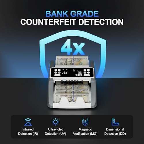 Image of AROHANI Money Counter Machine with Value Count for USD and EUR, UV MG IR DD MT Counterfeit Detection, Count Add Batch Auto Modes, Cash Counter with LED Display, Compact Powerful Design,White