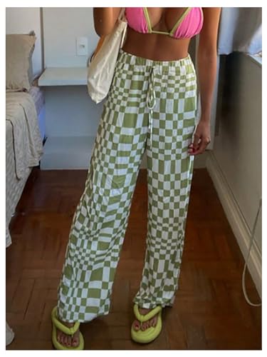 OYOANGLE Women's Plaid Drawstring Waist Pants Straight Leg Casual Trousers with Pocket4