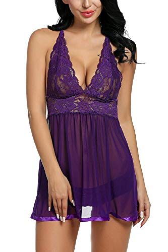 Voqeen-Mujeres-Body-de-Encaje-lenceria-Semitransparente-Sexy-sin-Mangas-Vestido-de-Babydoll-sin-Mangas-para-Mujer-Atractivo-Ropa-de-Dormir-purpura-S