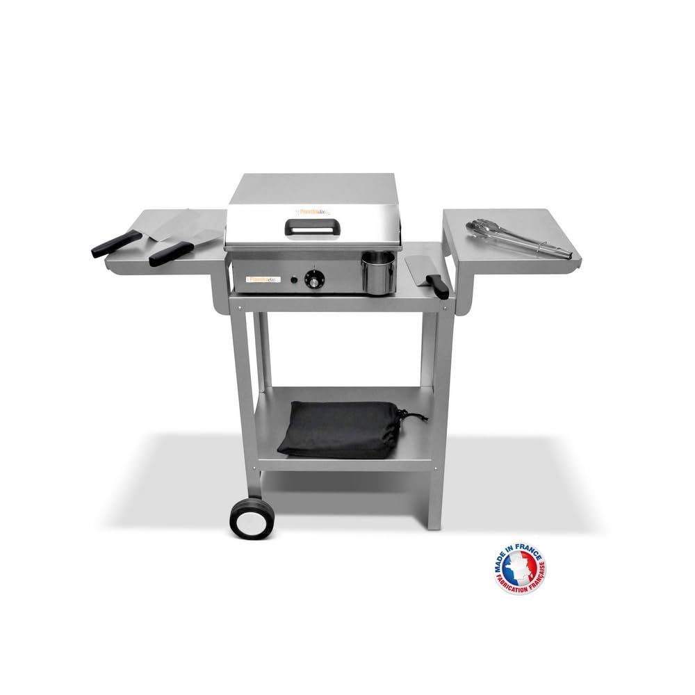 PLANCHAELEC - Pack Complet Plancha Electrique NEO E420-1800W - Chariot + Accessoires - Inox - Thermostat Réglable - 5 Personnes - Made In France - L42 X P43 X H18 cm