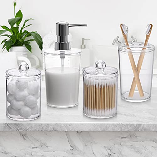 Plastic Clear Bathroom Accessories Set Complete 4 Pcs - Soap Dispenser, 2 Qtip Holder Jars And Toothbrush Holder, Counter Decor #TOP5