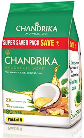 Chandrika Ayurvedic Soap with 2x Coconut Oil & Herbs| Handmade Soap for Naturally Radiant Skin| For All Skin Types| 70g (Pack of 5)