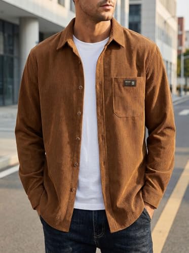 Image of IndoPrimo Men's Corduroy Shirt | Premium Ribbed Full Sleeve Casual Overshirt | Button-Down Solid Shirt with Chest Pocket | Regular Fit