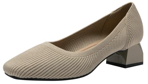 Women's Pumps Low Chunky Block Heels Knit Square Closed Toe Block Heeled Casual Comfortable Dress Shoes