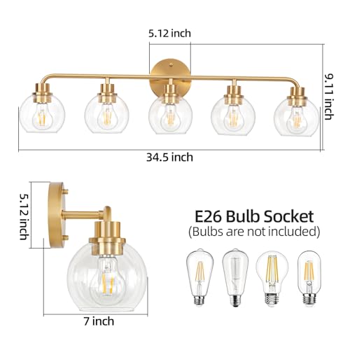 Image of Bathroom Light Fixtures Gold Vanity Light 5 Light Brushed Brass