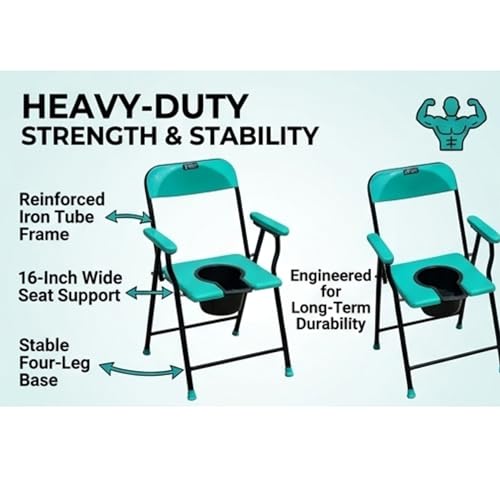 Image of Commode Chair 16 Inch Portable Iron Toilet Chair - Heavy Duty Bedside Commode for Elderly & Patients | Strong Stable Frame, Easy Clean Seat for Home Care & Hospital Use