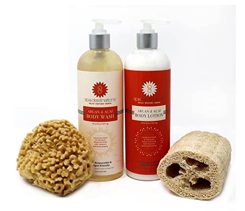 Spa Gift Set for Women Bath and Shower Experience 4-Piece Tropical Scent Gift Set with Body Wash Body, Body Lotion, Natural Sponge and Loofah $64 Value Spa Gift Set for Women" Bath and Shower Experience" 4-Piece Tropical Scent Gift Set with Body Wash Body, Body Lotion, Natural Sponge and Loofah $64 Value