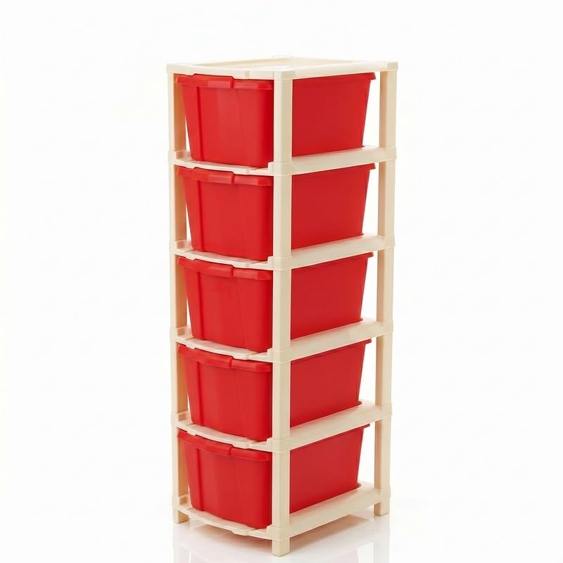 Image of Kavira Plastic Drawer Storage Tower - Space Organizer|Red,5 Layer