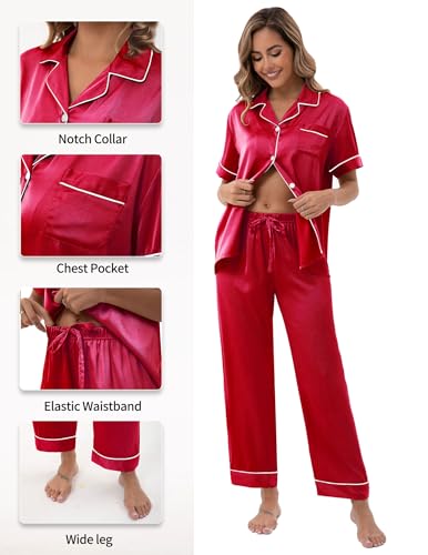 Image of UMBY Silk Satin Pajamas for Women Set 2 Piece button down Soft Silk Pjs Sets Cozy Silky Pajama Short Sleeve