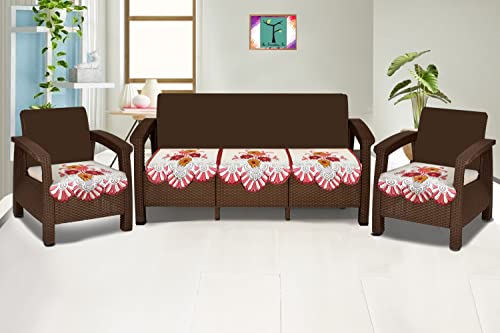 Image of The Furnishing Tree Cotton Floral Knitted Pattern 5 Pieces Bottom only 5 Seater Sofa Cover Set Maroon