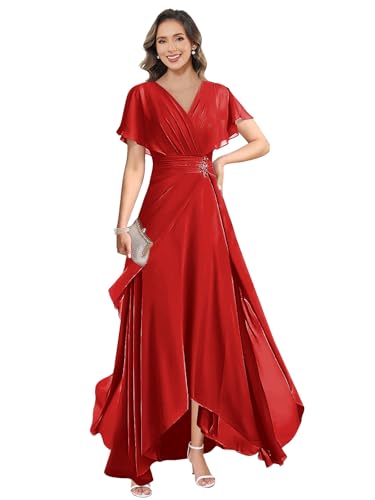 Tea Length Mother of The Bride Dresses for Women A-Line Ruffles Beaded Formal Dress with Sleeves