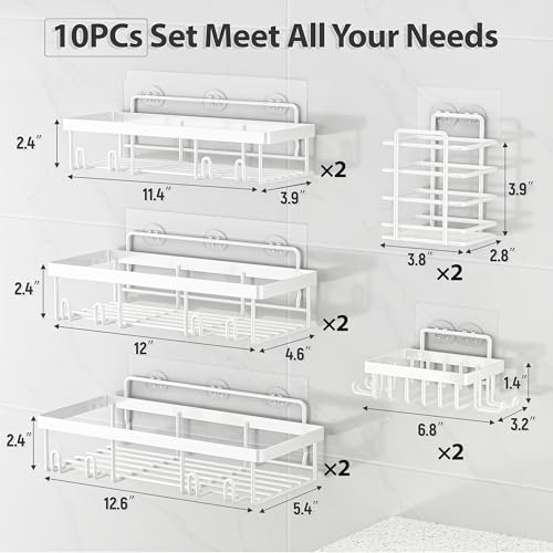 Image of Liuoud 10 Pack Shower Caddy Organizer Rack Shelf for Inside Shower, Self Adhesive Wall Storage Basket Rustproof Stainless Steel Shampoo Holder Bathroom Accessory Decor Set, White