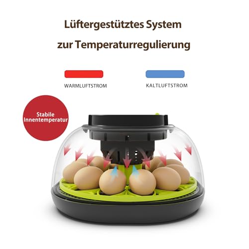 TRIOCOTTAGE Brutautomat 12 Eier mit Feuchtigkeit,Wasserversorgung,Automatischem Eierwender und Temperaturkontrolle Inkubator Brutmaschine für Hühner,Wachtel,Enten und Geflügel Eierbrüter.