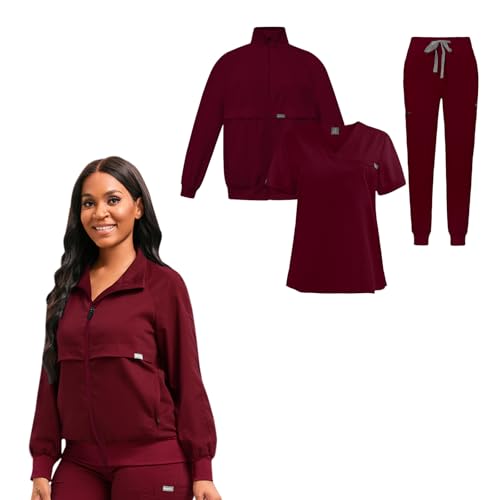 ALIALAVESTA Scrubs Set Three Piece Set Way Stretch Fabric - Stretch V-Neck Scrub Top & Jogger Pant & Scrub Jackets Skin-friendly Scrubs with Multi Pockets Wine red M
