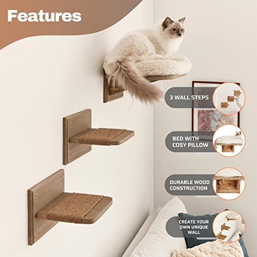 Image of Novecrafto Wall Mounted Cat Shelf Perch Bed With 3 Climbing Steps- Solid Wood Cat Sleeper Platform Shelf With Extra Soft Cushion - Grey Cat Bed