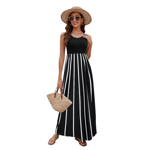Image of Sherosa Women Boho Chevron Striped Floral Printed Summer Sleeveless Tank Long Maxi Party Dress