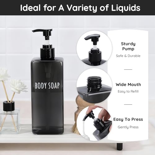 Image of Segbeauty 16.9oz Black Shampoo and Conditioner Dispenser, 3pcs Refillable Plastic Empty Body Lotion Soap Dispenser Liquid Hand Gel Container for Bathroom, 500ml Pre-Printed Large Pump Bottles Kitchen