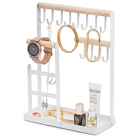 Sasha Morel Jewellery Stand Holder | Multi-Tier Necklace Hanging Wooden Ring Organiser Tray | 12 Hooks Storage for Earring, Bracelets, Rings, Watches Jewellery Storage Decor Cover